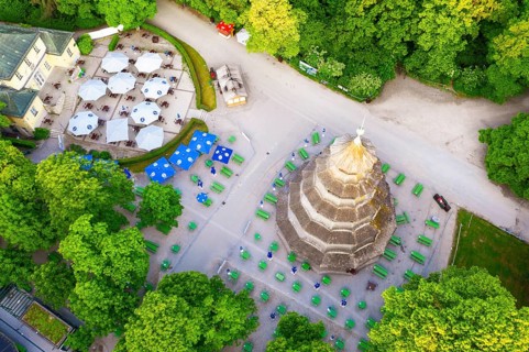 Chinese tower with beer garden