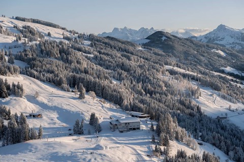 View of the top station of the cable car Brixen im Thale in winter