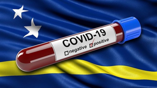 Flag of Curacao waving in the wind with a positive Covid-19 blood test tube