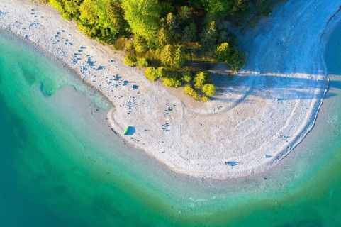 Boat on the south shore of Lake Walchensee from above