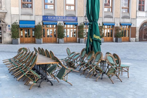 Deserted square with outdoor gastronomy