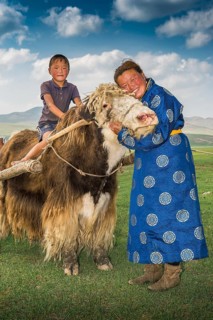 Nomadic woman hugging the head of yak