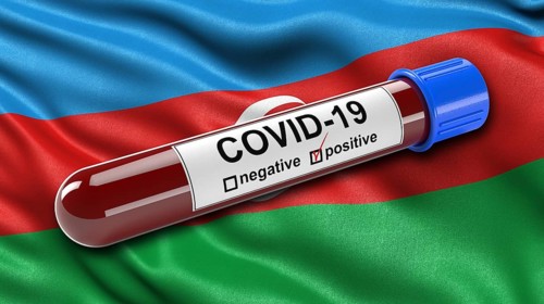 Flag of Azerbaijan waving in the wind with a positive Covid-19 blood tube