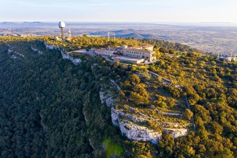 Monastery Santuari de Nostra Senyora de Cura and antenna installations on the mountain Puig de Randa