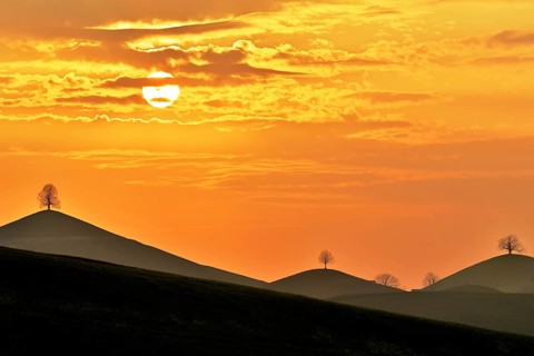 Cloud atmosphere at sunset with trees on moraine hills