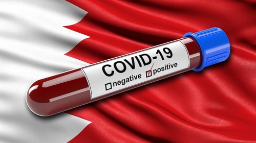 Flag of Bahrain waving in the wind with a positive Covid-19 blood tube