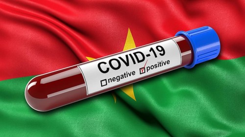 Flag of Burkina Faso waving in the wind with a positive Covid-19 blood tube