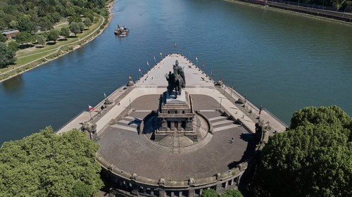 German corner with the equestrian statue of Emperor Wilhelm at the confluence of the Rhine and Moselle rivers in Koblenz