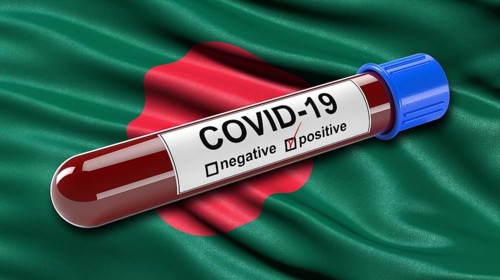 Flag of Bangladesh waving in the wind with a positive Covid-19 blood tube