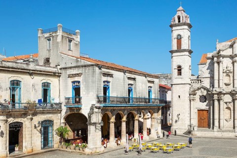 Plaza de la Catedral with its restored aristocratic residences and the bell tower of the cathedral