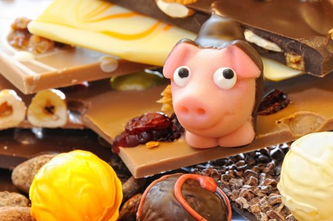 Pink marzipan pig with chocolate