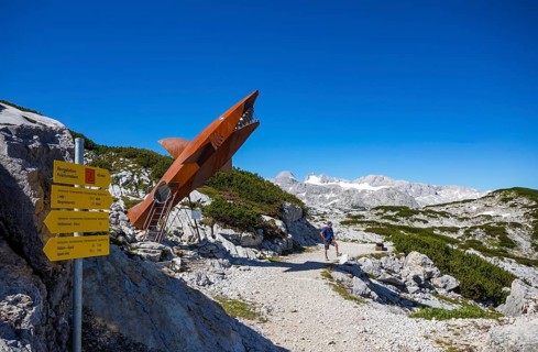 Hikers on the Heilbronn circular hiking trail in front of the Dachstein shark sculpture