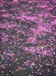 Colourful confetti after a carnival procession in the street