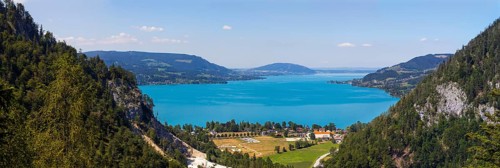 Panoramic view of Weissenbach am Attersee and Steinbach am Attersee