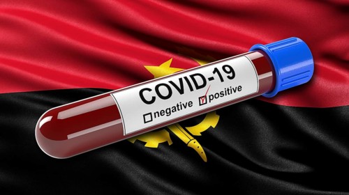 Flag of Angola waving in the wind with a positive Covid-19 blood tube