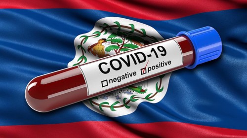 Flag of Belize waving in the wind with a positive Covid-19 blood tube