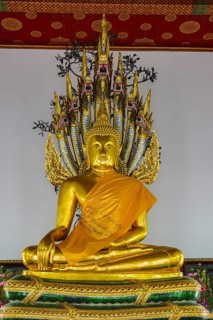 Buddha meditating under the protection of a seven-headed Naga snake
