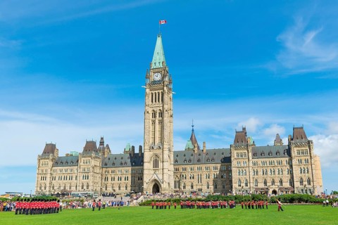 Changing of the guard in front of the Canadian Parliament Building Centre Block