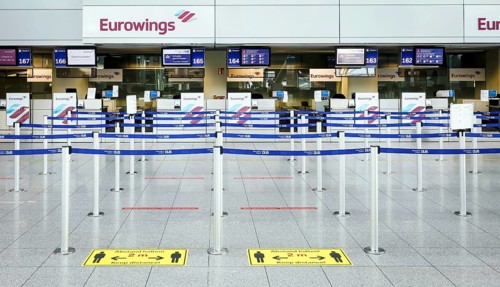 Empty Eurowings check-in counter at Duesseldorf Airport in times of the Corona Pandemic
