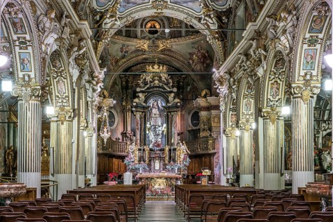 The baroque Sanctuary Santuario Santa Maria del Monte with the black Madonna on the Sacro Monte di Varese