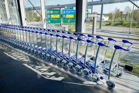 Unused baggage trolleys at Duesseldorf Airport in times of the Corona Pandemic