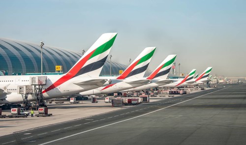 Aircraft tail units of several Airbus A380 of the airline Emirates