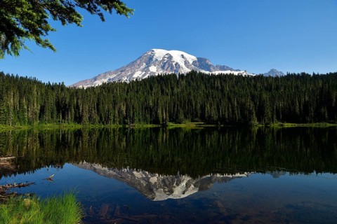 Water reflection of Mount Rainier in Reflection Lake