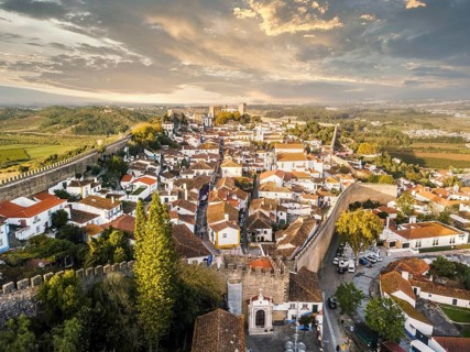 Aerial view of Obidos with historic city wall