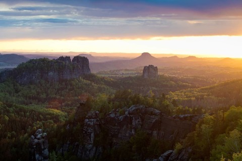 View from Carola Rock over Elbe Sandstone Mountains with Schrammsteine