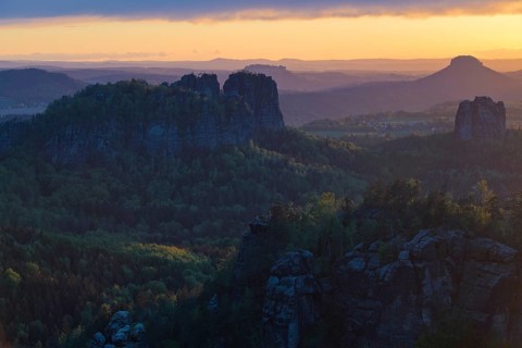 View from Carola Rock over Elbe Sandstone Mountains with Schrammsteine