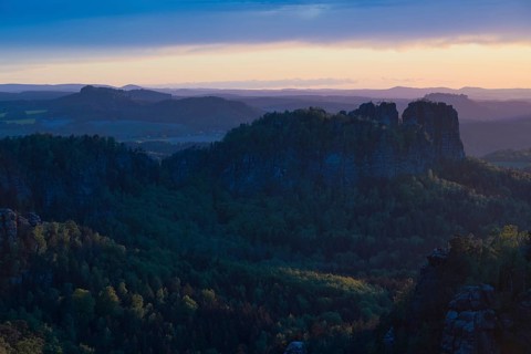 View from Carola Rock over Elbe Sandstone Mountains with Schrammsteine and Koenigstein