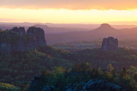 View from Carola Rock over Elbe Sandstone Mountains with Schrammsteine