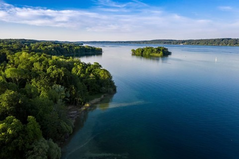 Aerial view of the Rose Island in Lake Starnberg