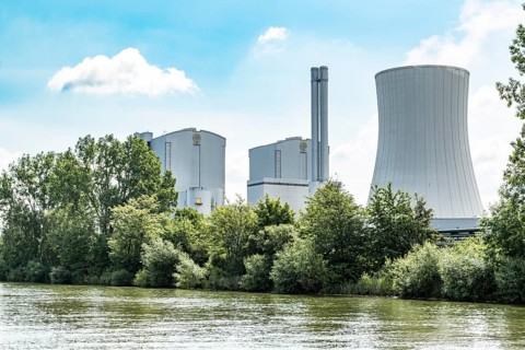 Cooling tower and boiler houses at coal-fired power plant