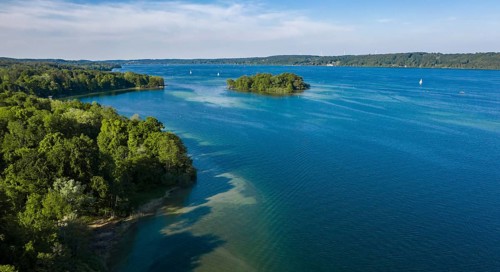 Aerial view of the Rose Island in Lake Starnberg