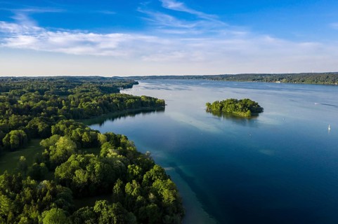 Aerial view of the Rose Island in Lake Starnberg