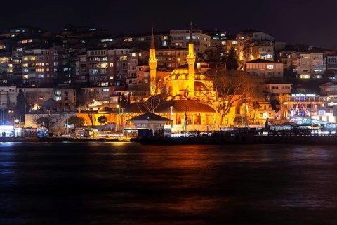 Illuminated Dolmabahce mosque at night