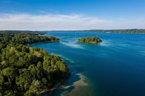 Aerial view of the Rose Island in Lake Starnberg