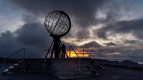 Globe at the North Cape at sunset