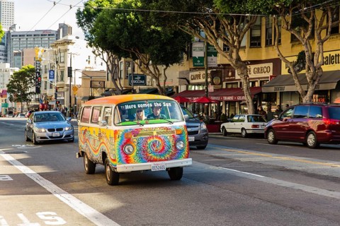 Painted VW bus in road traffic