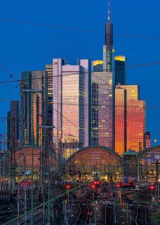 Sunlight is reflected in skyscrapers on the skyline of Frankfurt
