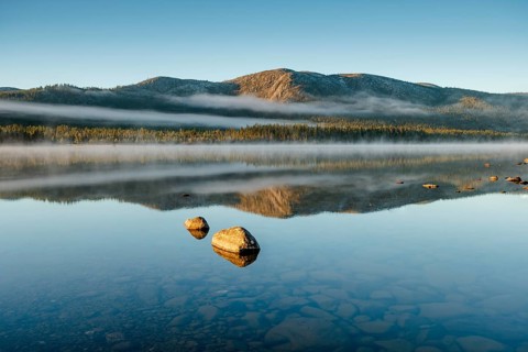 Autumnal fog atmosphere on the lake shore in the evening light