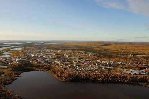 Aerial view of Inuvik on the banks of the Mackenzie River Delta