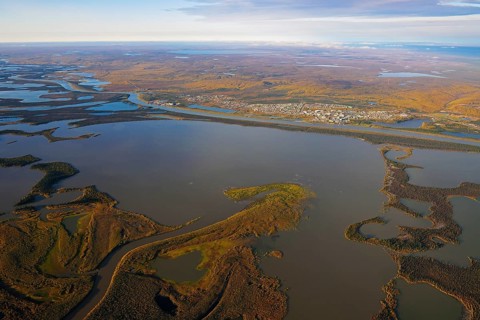 Aerial view of Inuvik on the banks of the Mackenzie River Delta