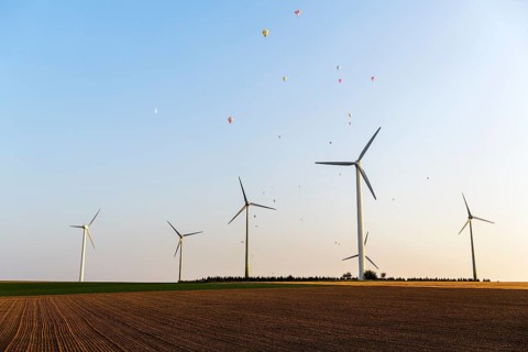 Wind turbines between fields