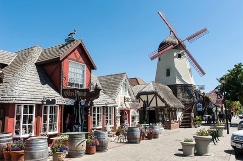 Scandinavian half-timbered architecture and windmill