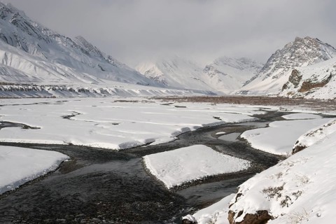 River flowing through snow covered mountains in Spiti