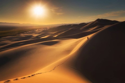 Morning hike in Khongor sand dunes. Umnugobi province