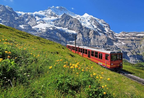 Jungfrau Railway at Kleine Scheidegg in front of the Jungfrau-Massif
