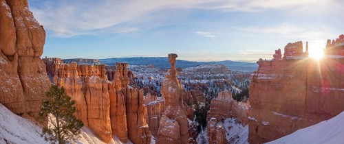 Rock formation Thors Hammer at sunrise with sun star